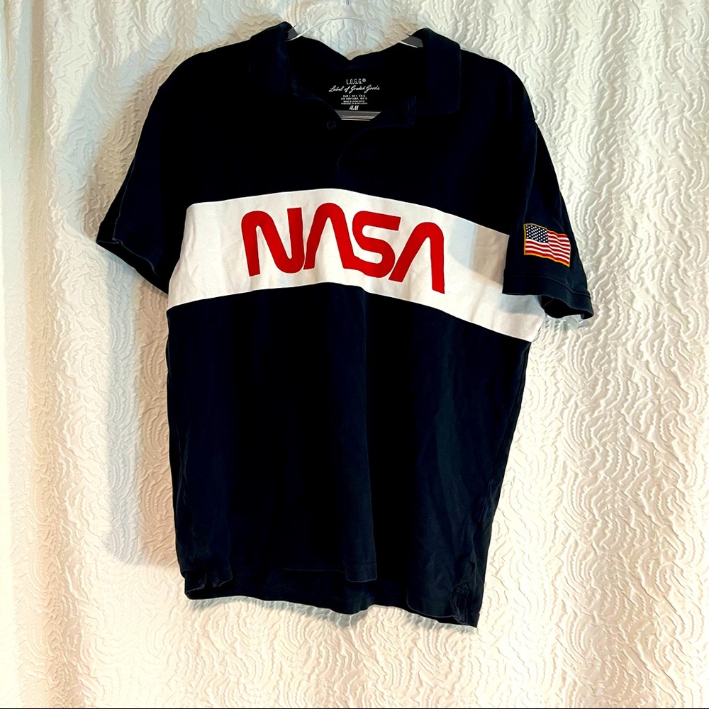 H&M NASA Polo Shirt Men's Medium Black SS Pique American Flag H&M L.O.G.G.